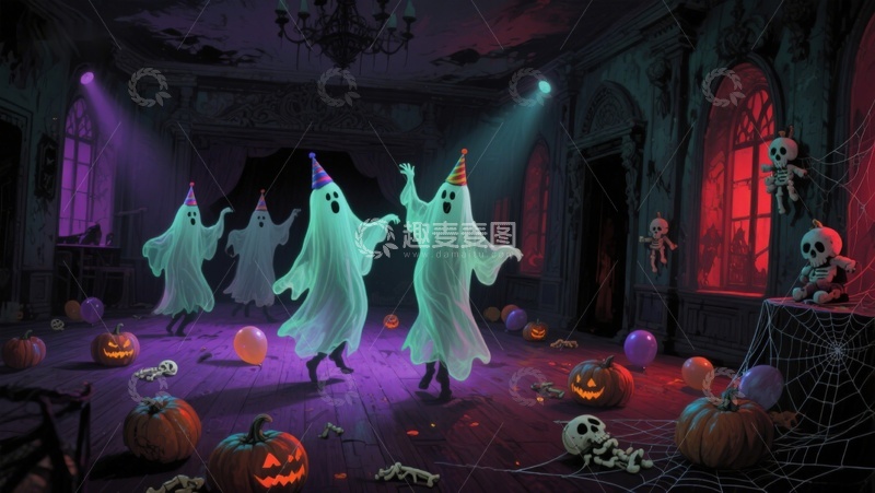 高清大图下载【趣麦麦图】幽灵派对：万圣节室内狂欢场景