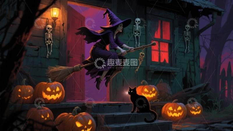 高清大图下载【趣麦麦图】万圣夜女巫骑扫帚飞过南瓜灯