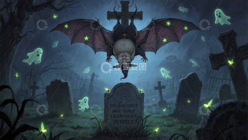 高清大图下载【趣麦麦图】夜幕下的墓园与神秘蝙蝠