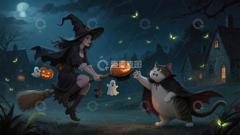 高清大图下载【趣麦麦图】万圣夜巫女与吸血鬼猫的奇幻飞行