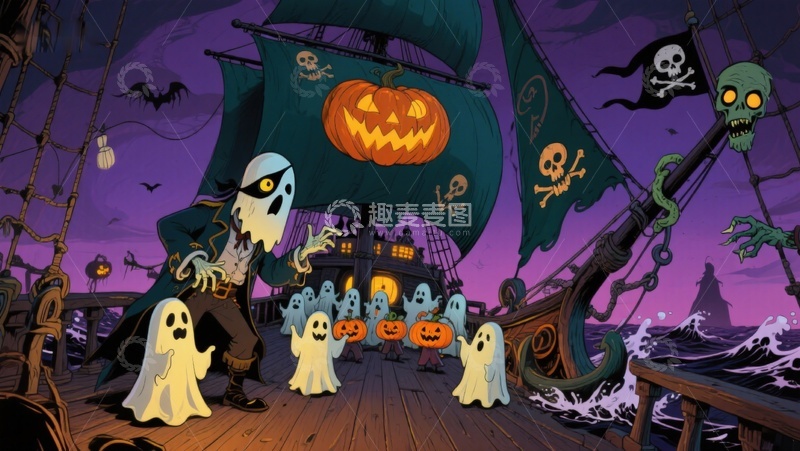 高清大图下载【趣麦麦图】万圣节海盗船上的幽灵派对