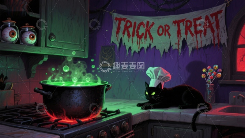 高清大图下载【趣麦麦图】万圣节厨房：黑猫与魔法锅
