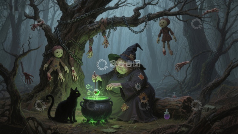 高清大图下载【趣麦麦图】森林中的女巫与魔法药水