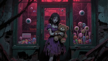 破败屋中怀抱玩偶的女孩