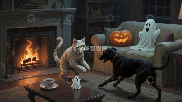万圣夜室内宠物与幽灵互动