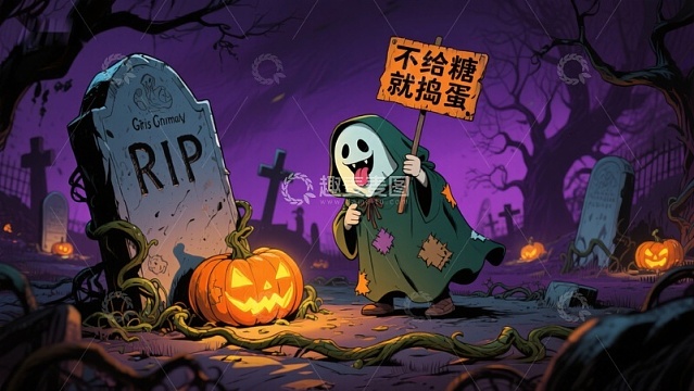 万圣节墓地中的小幽灵