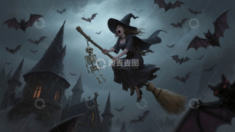 高清大图下载【趣麦麦图】女巫骑扫帚夜空飞行