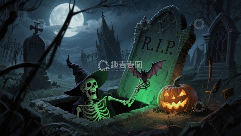 高清大图下载【趣麦麦图】万圣夜墓地的骷髅巫师