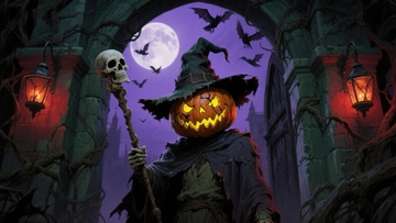 南瓜头巫师与骷髅杖的神秘夜景