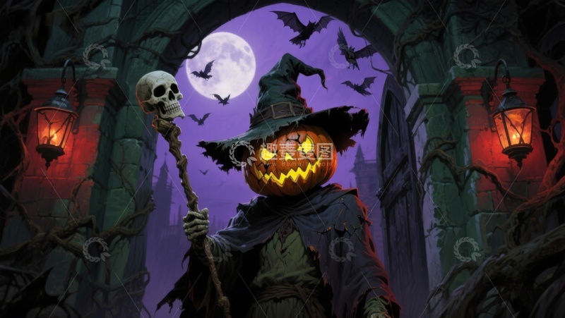 高清大图下载【趣麦麦图】南瓜头巫师与骷髅杖的神秘夜景