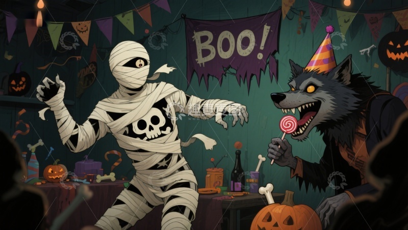 高清大图下载【趣麦麦图】万圣节派对上的木乃伊与狼人