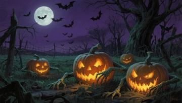 月夜南瓜灯与飞舞蝙蝠