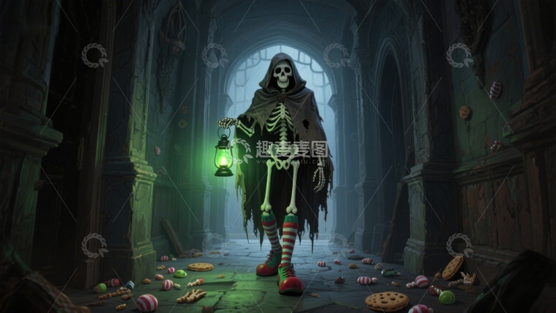 高清大图下载【趣麦麦图】骷髅提灯漫步古老走廊