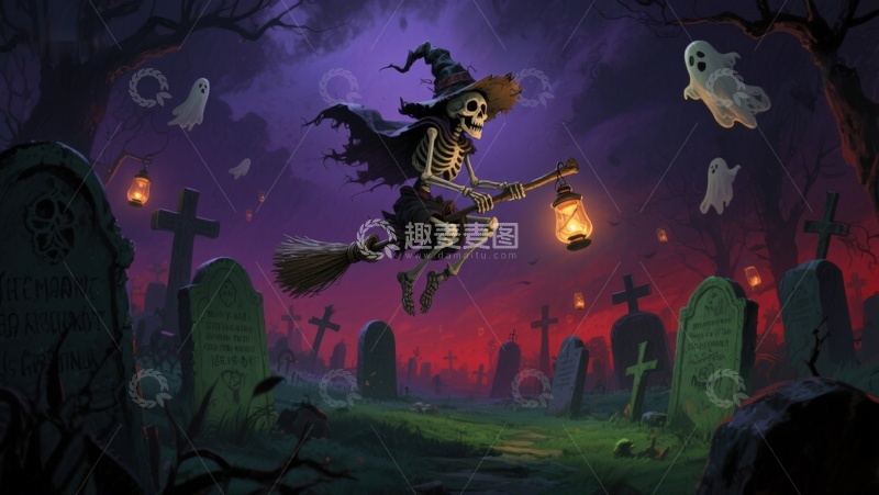 高清大图下载【趣麦麦图】万圣夜骷髅巫师飞越墓地