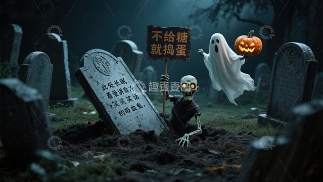 墓地万圣节场景：骷髅与幽灵的搞笑互动