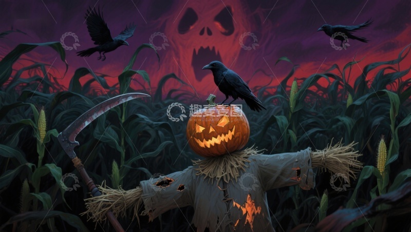 高清大图下载【趣麦麦图】万圣节南瓜灯与稻草人