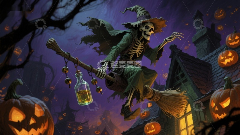 高清大图下载【趣麦麦图】万圣夜骷髅巫师骑扫帚