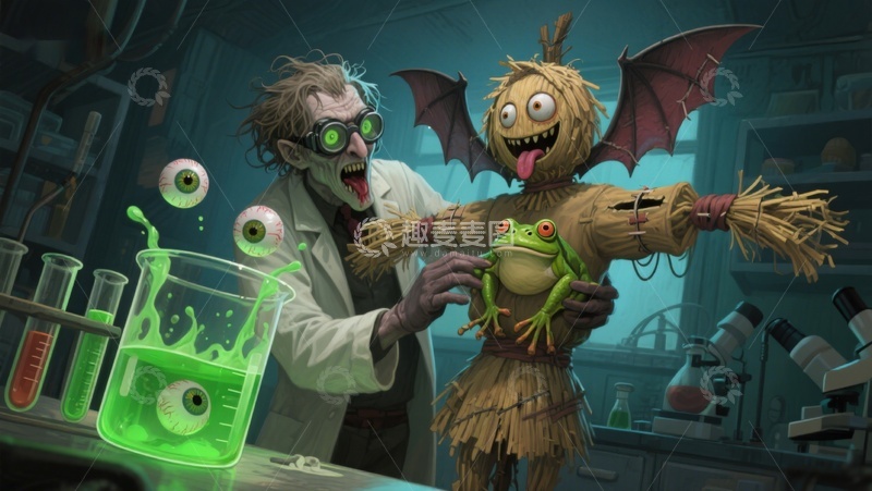 高清大图下载【趣麦麦图】疯狂科学家与稻草人实验怪蛙