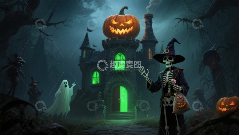 高清大图下载【趣麦麦图】万圣节夜景：骷髅巫师与南瓜灯城堡