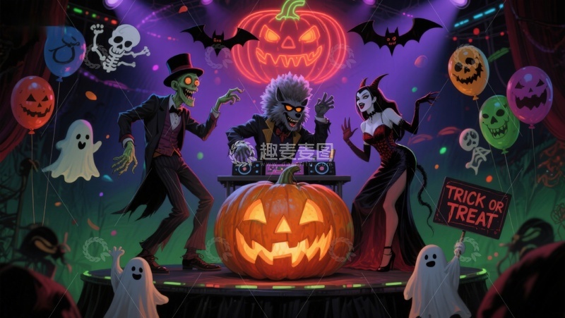 高清大图下载【趣麦麦图】万圣节派对场景：幽灵、南瓜灯与装扮人物