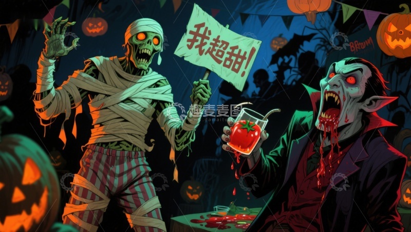 高清大图下载【趣麦麦图】万圣节派对上的木乃伊与吸血鬼