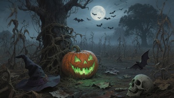 月夜下的南瓜灯与枯树