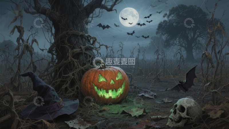 高清大图下载【趣麦麦图】月夜下的南瓜灯与枯树