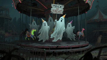 幽灵骑乘旋转木马，万圣节氛围浓厚