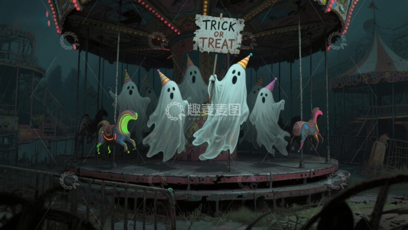 高清大图下载【趣麦麦图】幽灵骑乘旋转木马，万圣节氛围浓厚