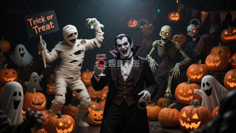 高清大图下载【趣麦麦图】万圣节派对：木乃伊与吸血鬼共舞