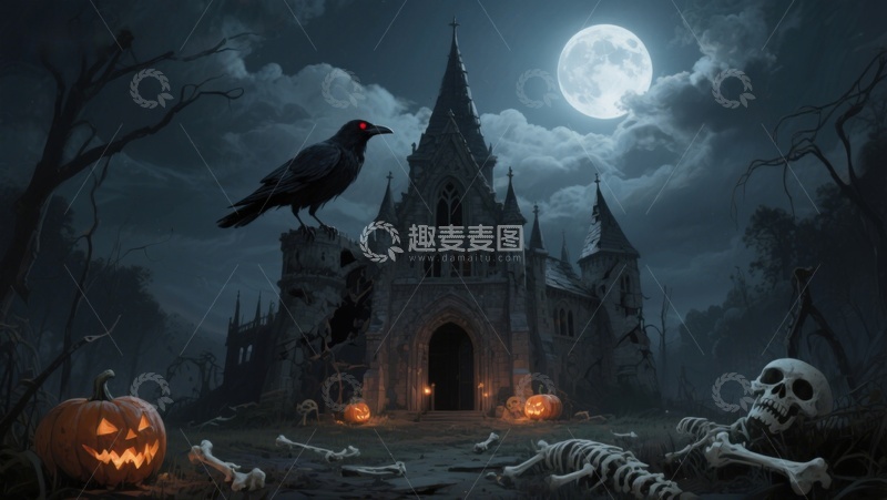 高清大图下载【趣麦麦图】月夜古堡与乌鸦