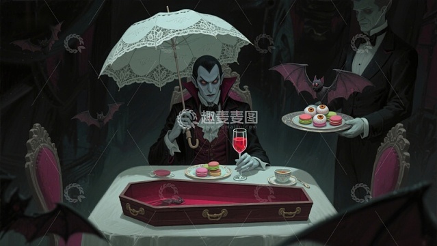 神秘人物在棺材旁享用甜点