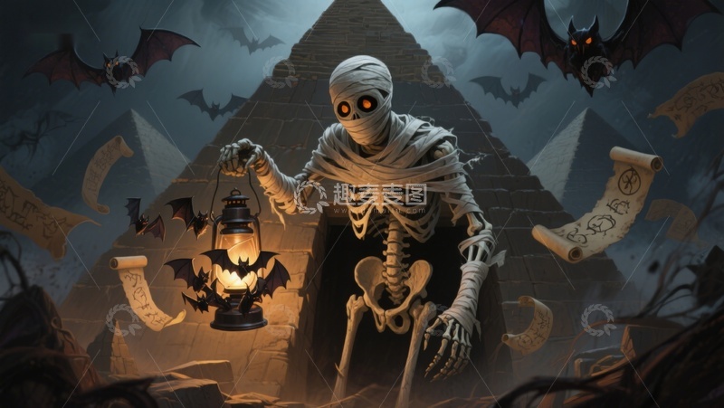 高清大图下载【趣麦麦图】木乃伊手持灯笼，金字塔前神秘氛围