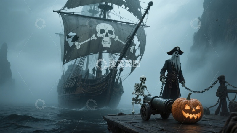 高清大图下载【趣麦麦图】幽灵海盗船与南瓜灯的神秘夜景