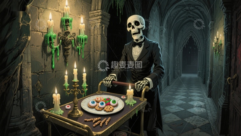 高清大图下载【趣麦麦图】骷髅管家端盘，古堡烛光晚餐