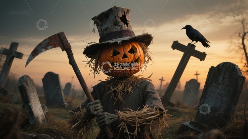 高清大图下载【趣麦麦图】墓地中的南瓜头稻草人