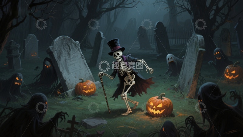 高清大图下载【趣麦麦图】万圣夜墓地骷髅舞