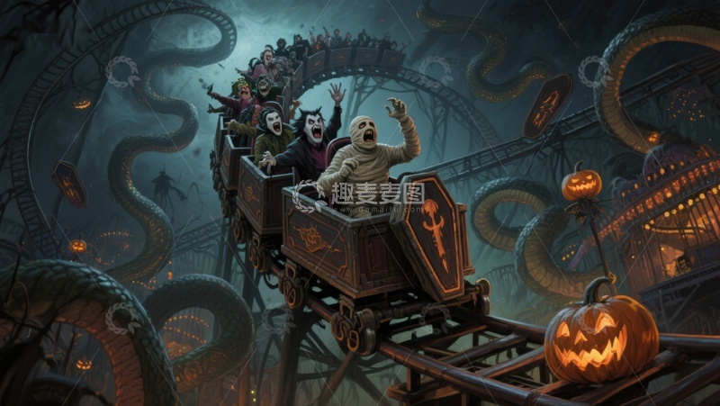 高清大图下载【趣麦麦图】恐怖过山车上的尖叫乘客