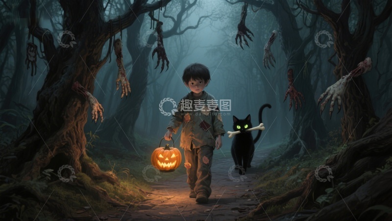高清大图下载【趣麦麦图】小男孩与黑猫在幽森森林中提灯前行