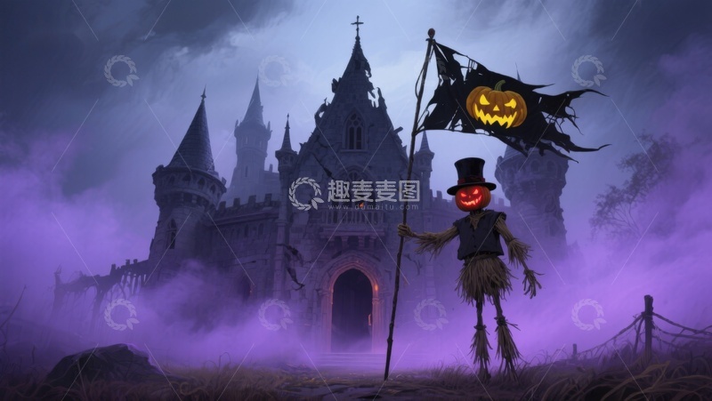 高清大图下载【趣麦麦图】幽灵城堡前的南瓜灯稻草人