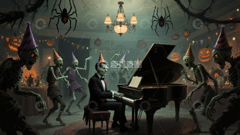 高清大图下载【趣麦麦图】万圣节派对中的钢琴演奏