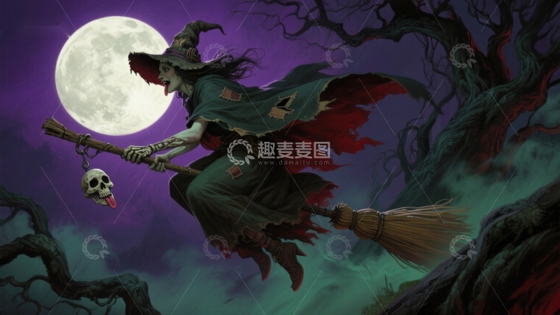 高清大图下载【趣麦麦图】巫师夜空扫帚飞行