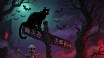 黑猫夜坐路牌，幽灵巷与尖叫街的神秘交汇