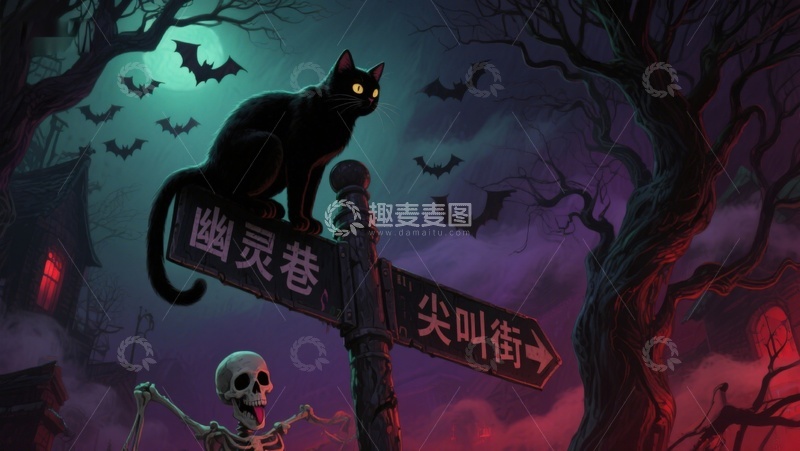 高清大图下载【趣麦麦图】黑猫夜坐路牌，幽灵巷与尖叫街的神秘交汇