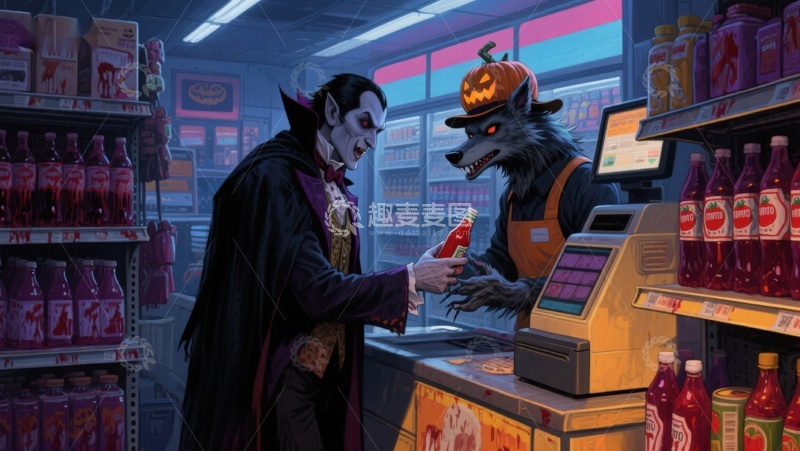 高清大图下载【趣麦麦图】吸血鬼在便利店购买饮料
