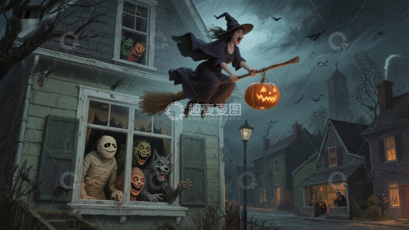 高清大图下载【趣麦麦图】万圣夜巫婆飞过装饰房屋