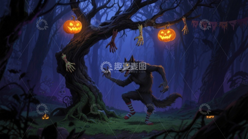 高清大图下载【趣麦麦图】月夜森林中的狼人与南瓜灯