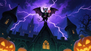 雷电夜空下的神秘城堡与蝙蝠怪