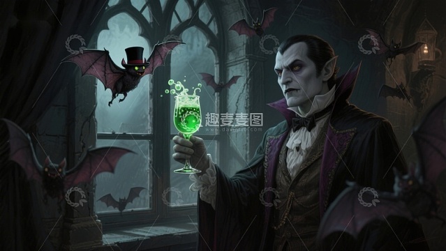 神秘人物手持发光酒杯，蝙蝠环绕