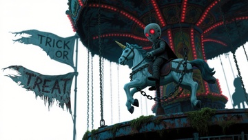 机械骑士骑乘独角兽，旋转木马上的奇幻场景